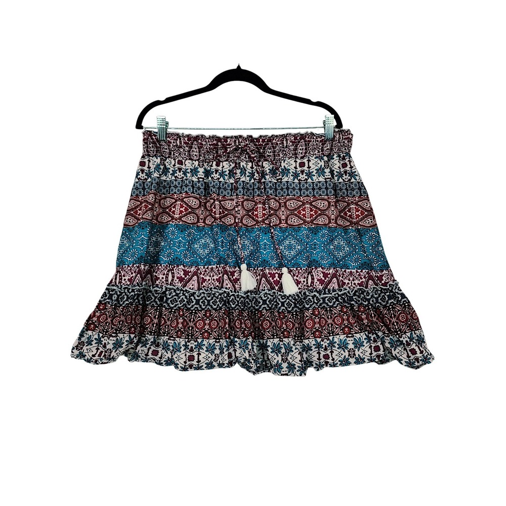 beachlunchlounge boho Mini Skirt M Womens Paisley Blue Red Tassel Tiered Skirt